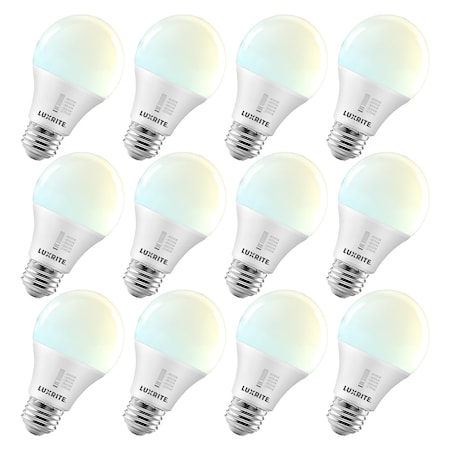 Luxrite A19 LED Light Bulbs 9W 60W Equivalent 800LM 5CCT 2700K-5000K Dimmable E26 Base, 12PK LR21475-12PK